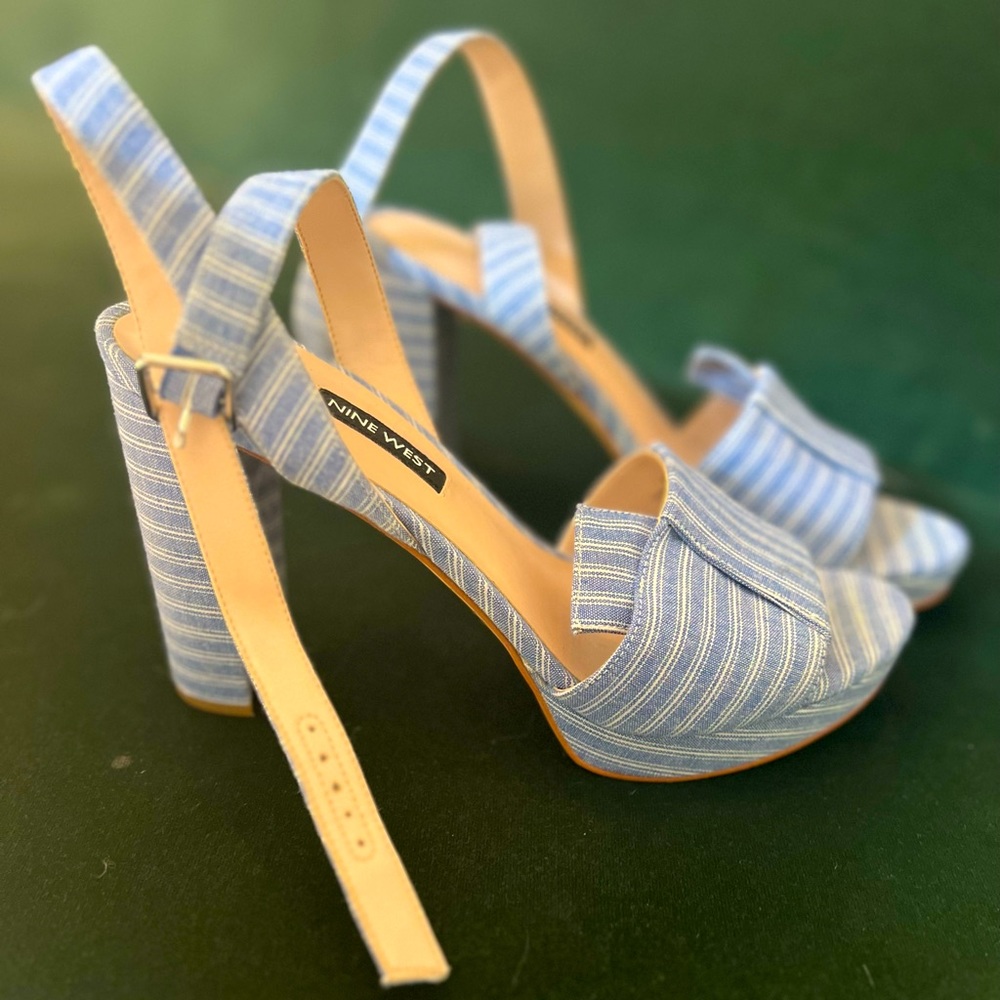 Blue and white platform strap heels